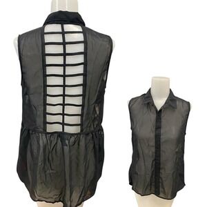 Deb S Small Sleeveless Top Womens Black Chiffon Sheer Cage Back Button‎ Down